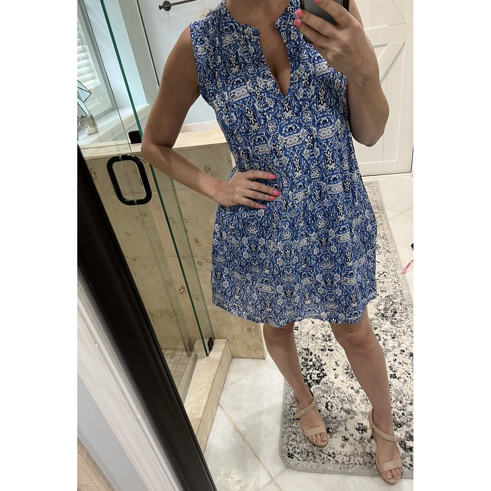 Roller Rabbit Blue White Pattern Sleeveless Tiered Dress Small Batik Boho Swing